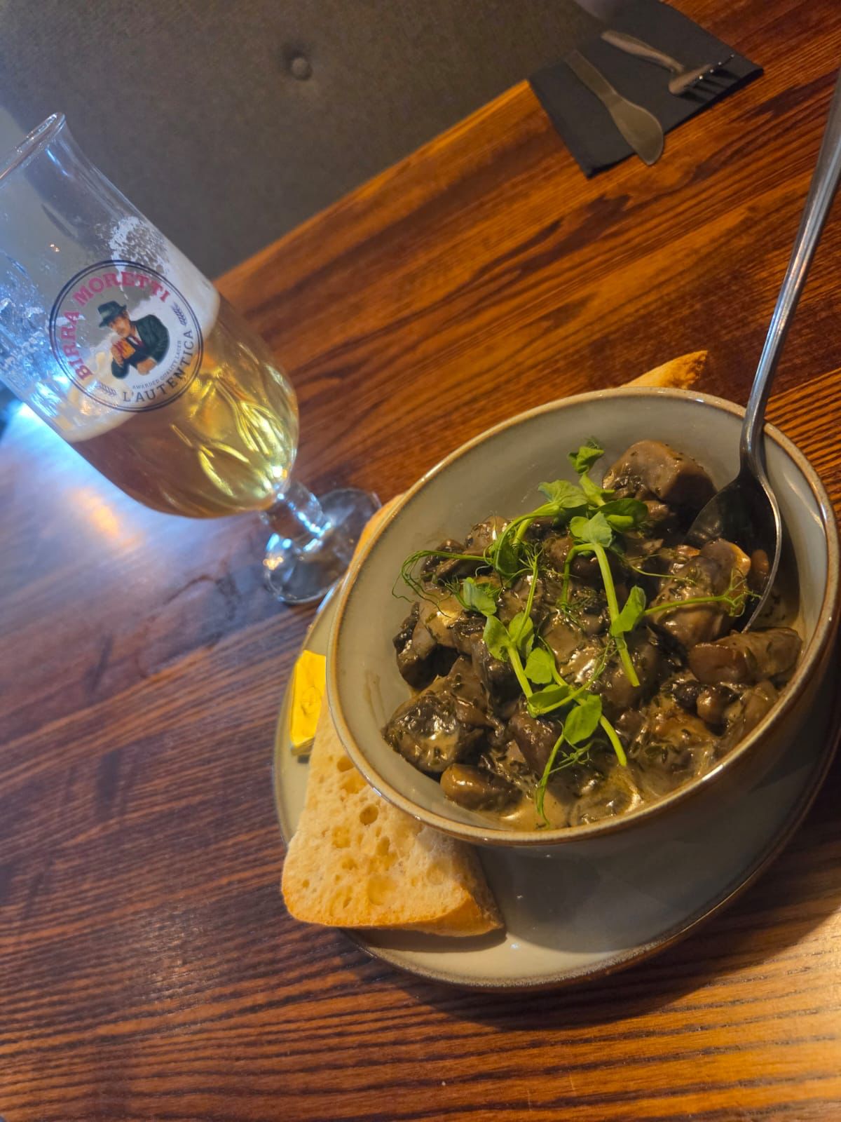 Creamy garlic mushrooms on ciabatta with a Birra Moretti