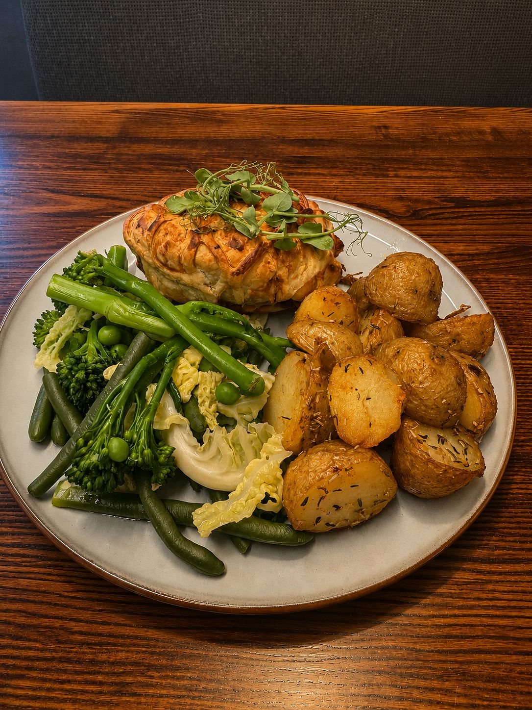 Butternut squash and beetroot Wellington with vegetables and roasties