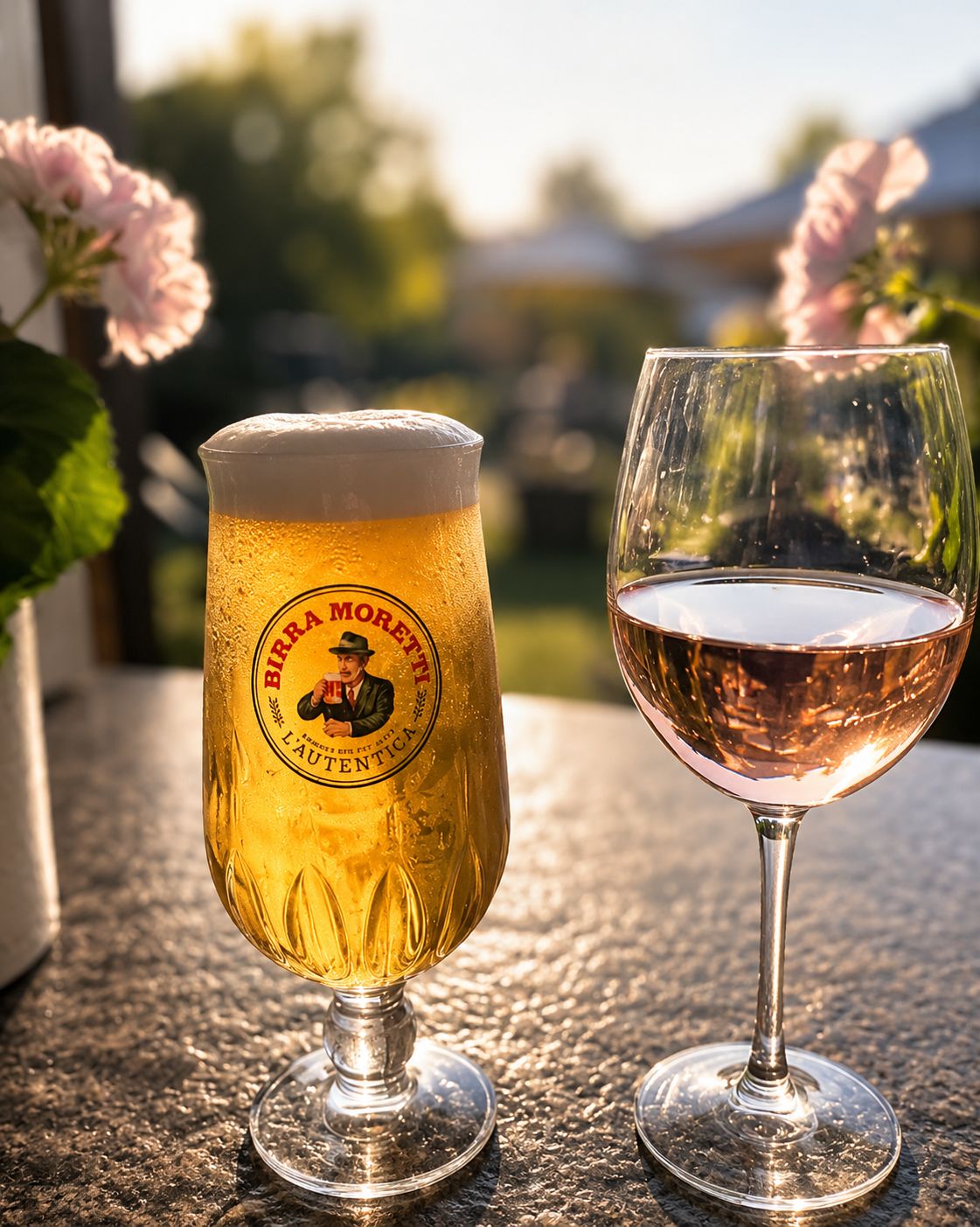 Birra Moretti and rose wine in the garden at golden hour