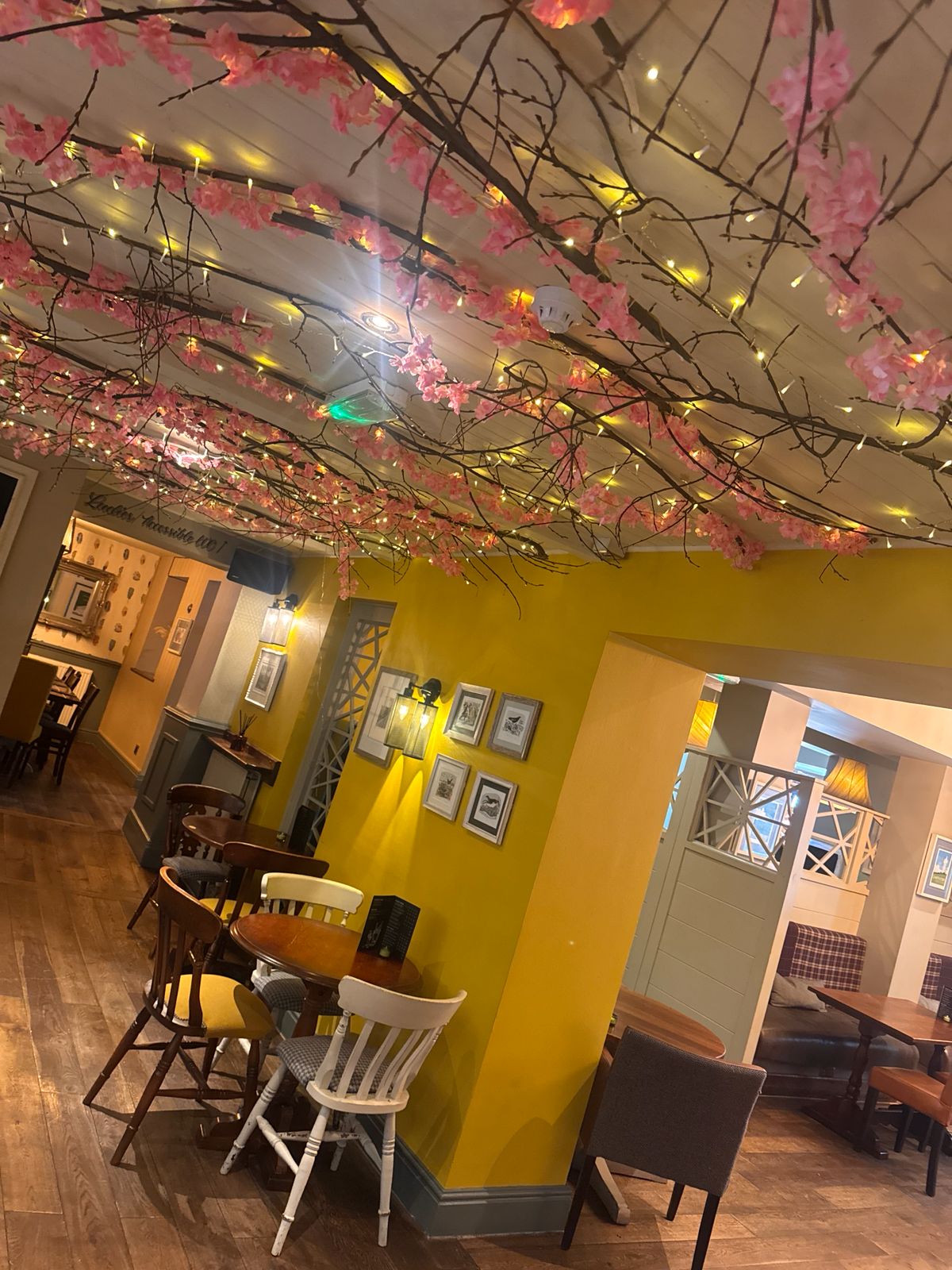 Interior dining room with pink blossom canopy and fairy lights