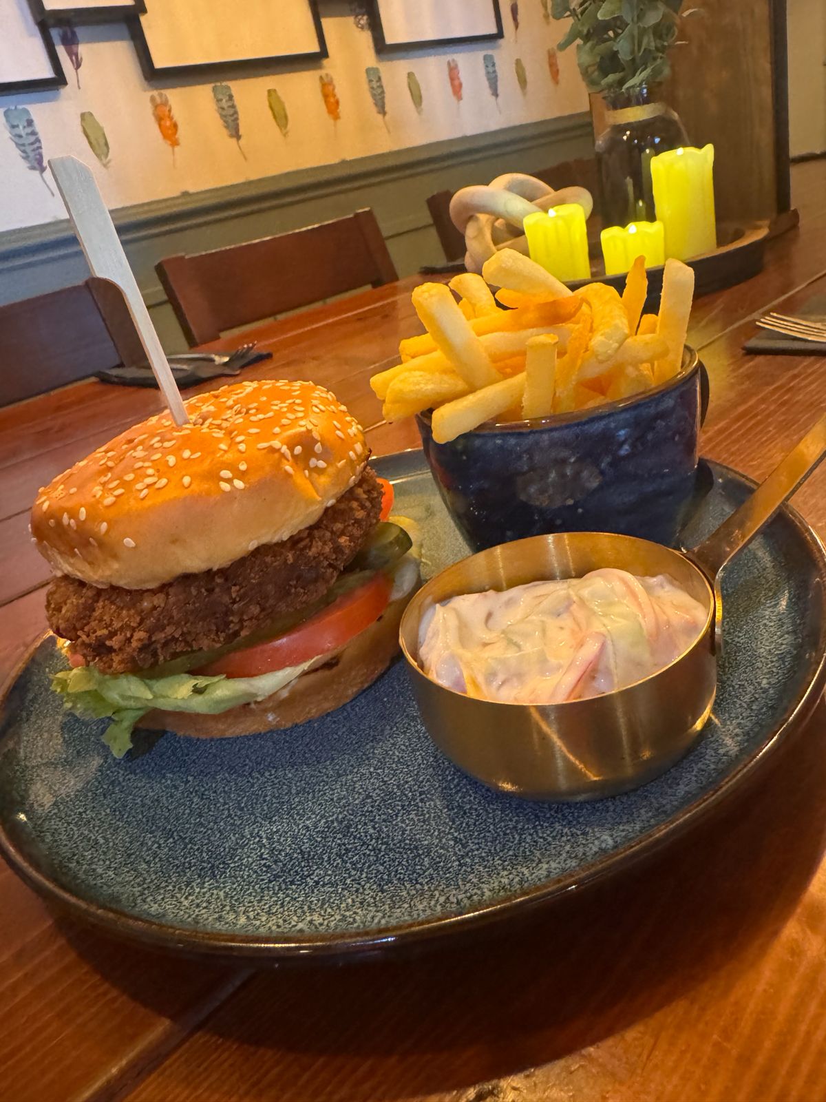 Crispy katsu chicken burger with chips and coleslaw