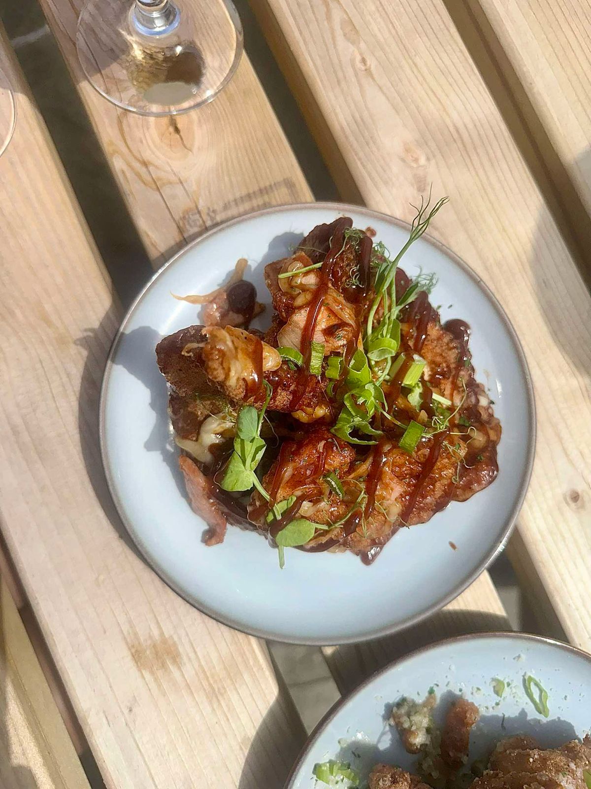 Sticky glazed chicken bites with spring onions in the sunshine