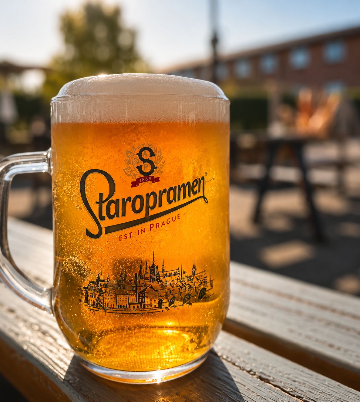 Pint of Staropramen on a beer garden bench